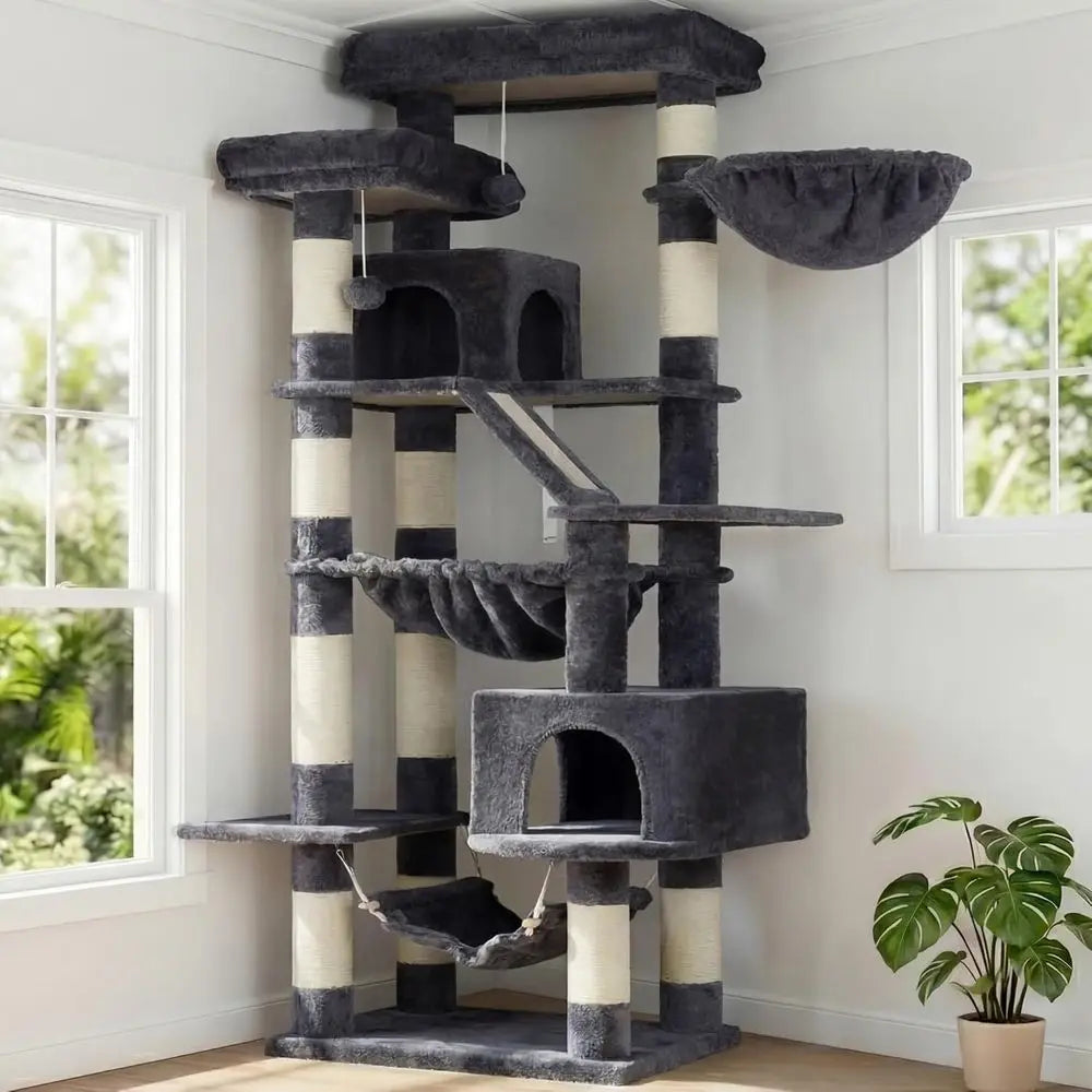 Heybly Cat Tree, 71-Inch-Tall Tower or Indoor Cats with 2 Perches, 2 Big Condos, 2 Hammocks, Basket, Scratching Pad, Large Cat u