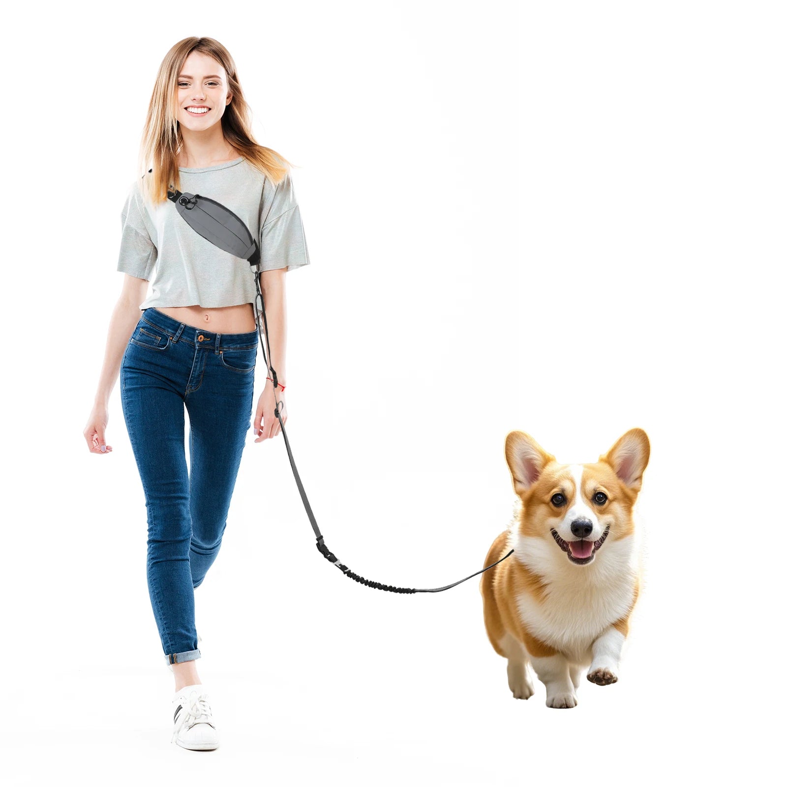 Crossbody Hand Free Leash with Reflective Waist Pouch