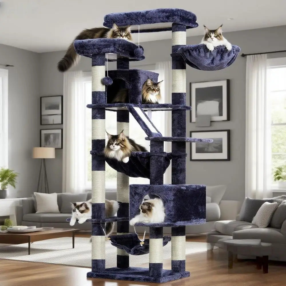 Heybly Cat Tree, 71-Inch-Tall Tower or Indoor Cats with 2 Perches, 2 Big Condos, 2 Hammocks, Basket, Scratching Pad, Large Cat u