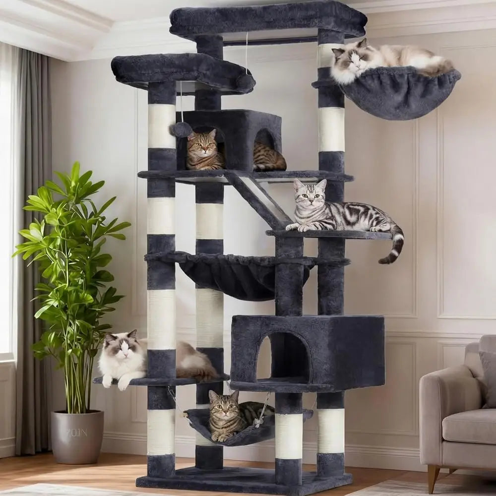 Heybly Cat Tree, 71-Inch-Tall Tower or Indoor Cats with 2 Perches, 2 Big Condos, 2 Hammocks, Basket, Scratching Pad, Large Cat u