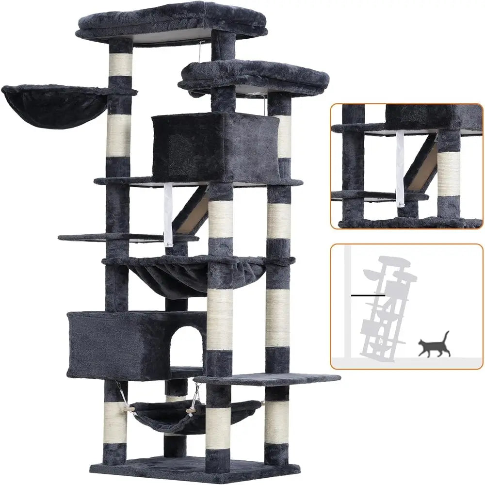 Heybly Cat Tree, 71-Inch-Tall Tower or Indoor Cats with 2 Perches, 2 Big Condos, 2 Hammocks, Basket, Scratching Pad, Large Cat u
