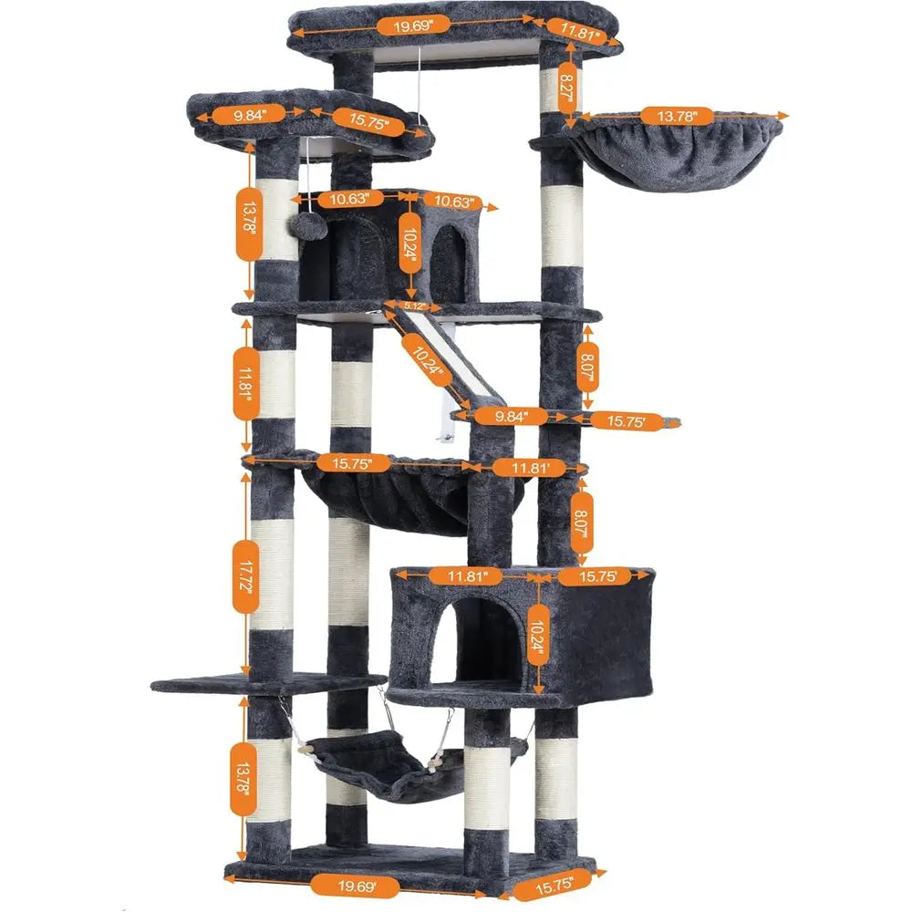 Heybly Cat Tree, 71-Inch-Tall Tower or Indoor Cats with 2 Perches, 2 Big Condos, 2 Hammocks, Basket, Scratching Pad, Large Cat u